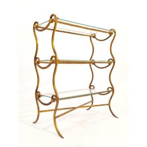 Side Bookcase, Golden Wrought Iron, French Work From The 1940s