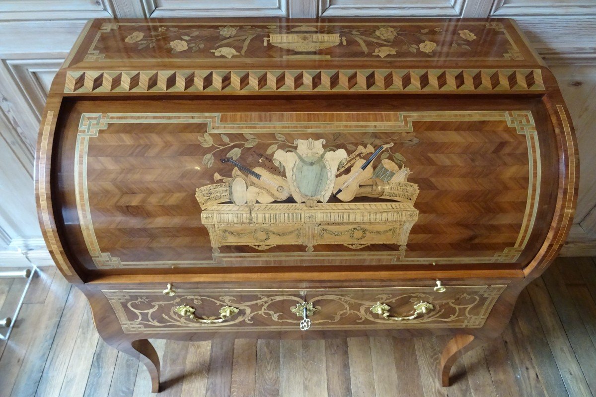 Cylinder Desk In Marquetry From The Louis XV - Louis XVI Transition Period-photo-2