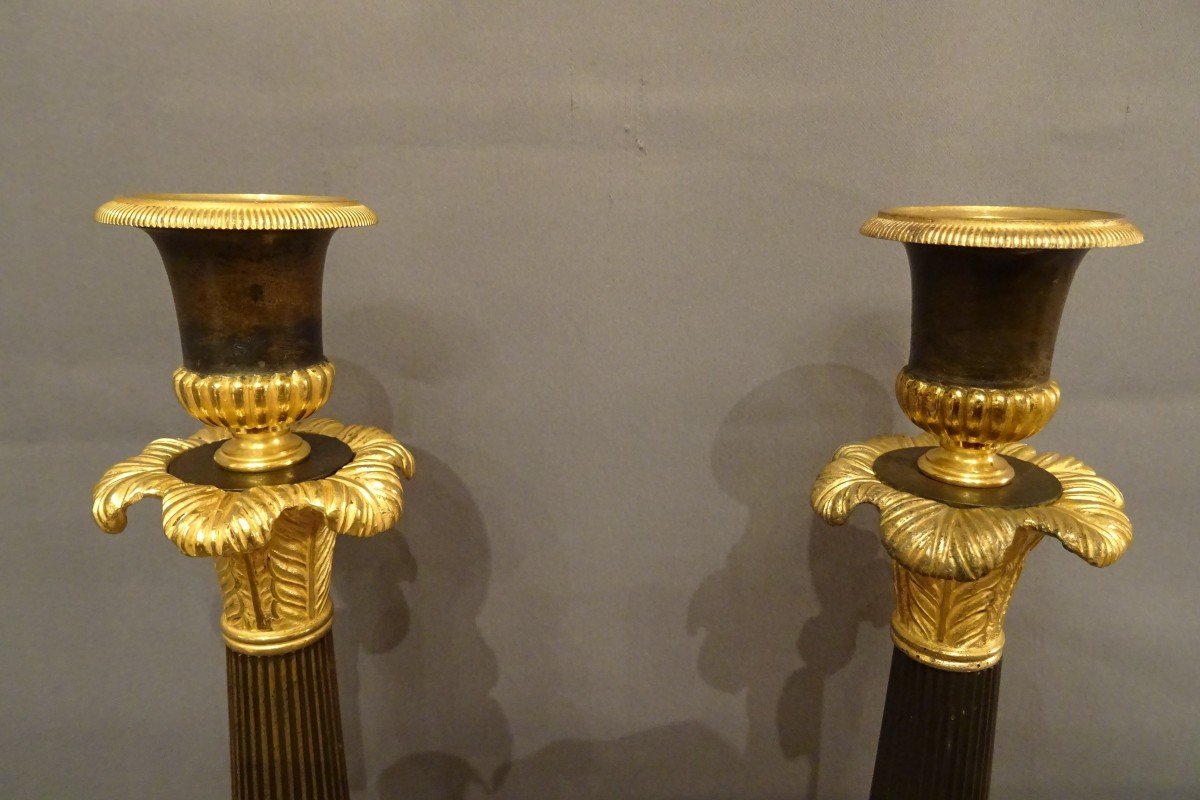 Pair Of Restoration Candlesticks In Gilded And Patinated Bronze-photo-2