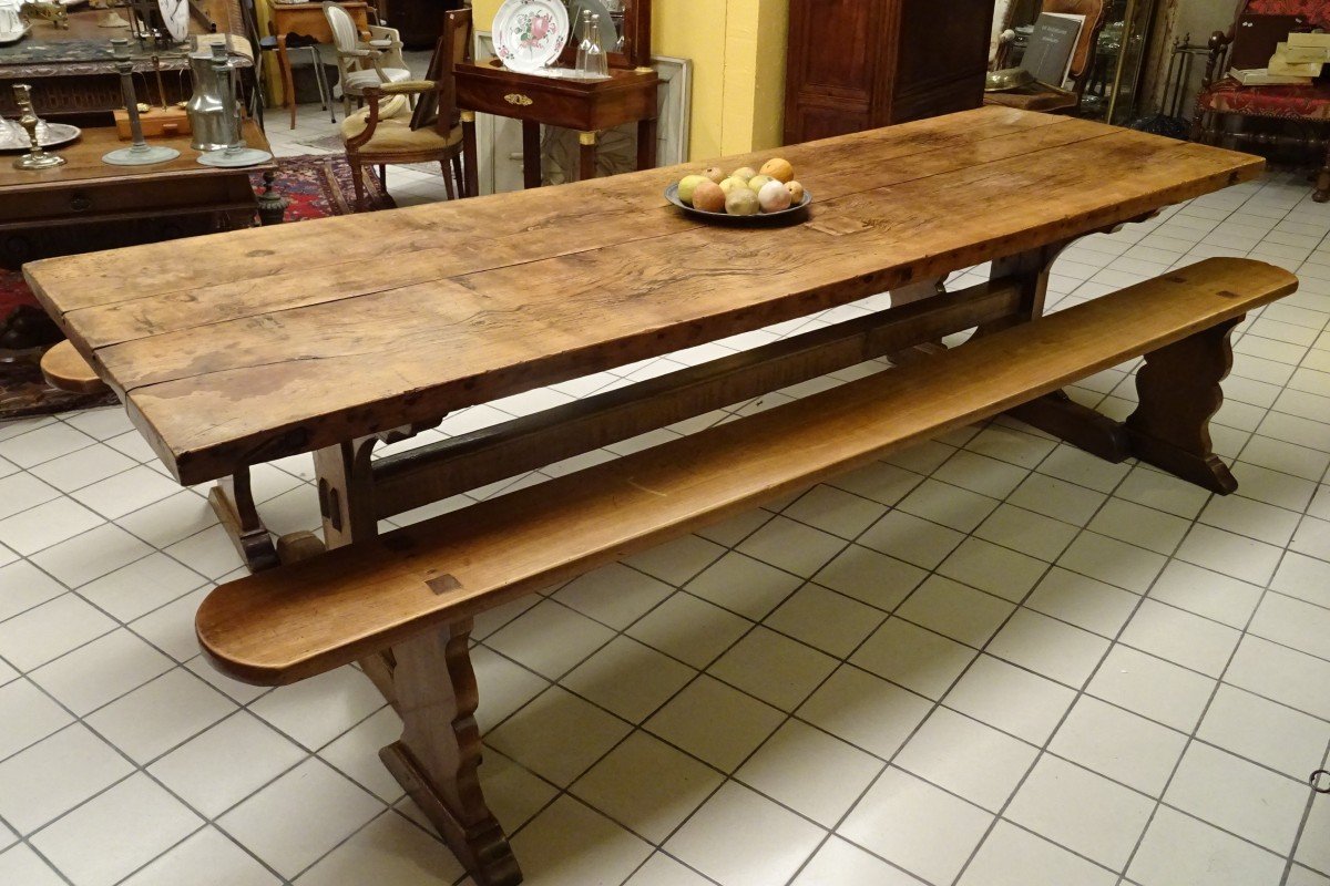 Large Castle Kitchen Table And Its Two 19th Century Benches-photo-2