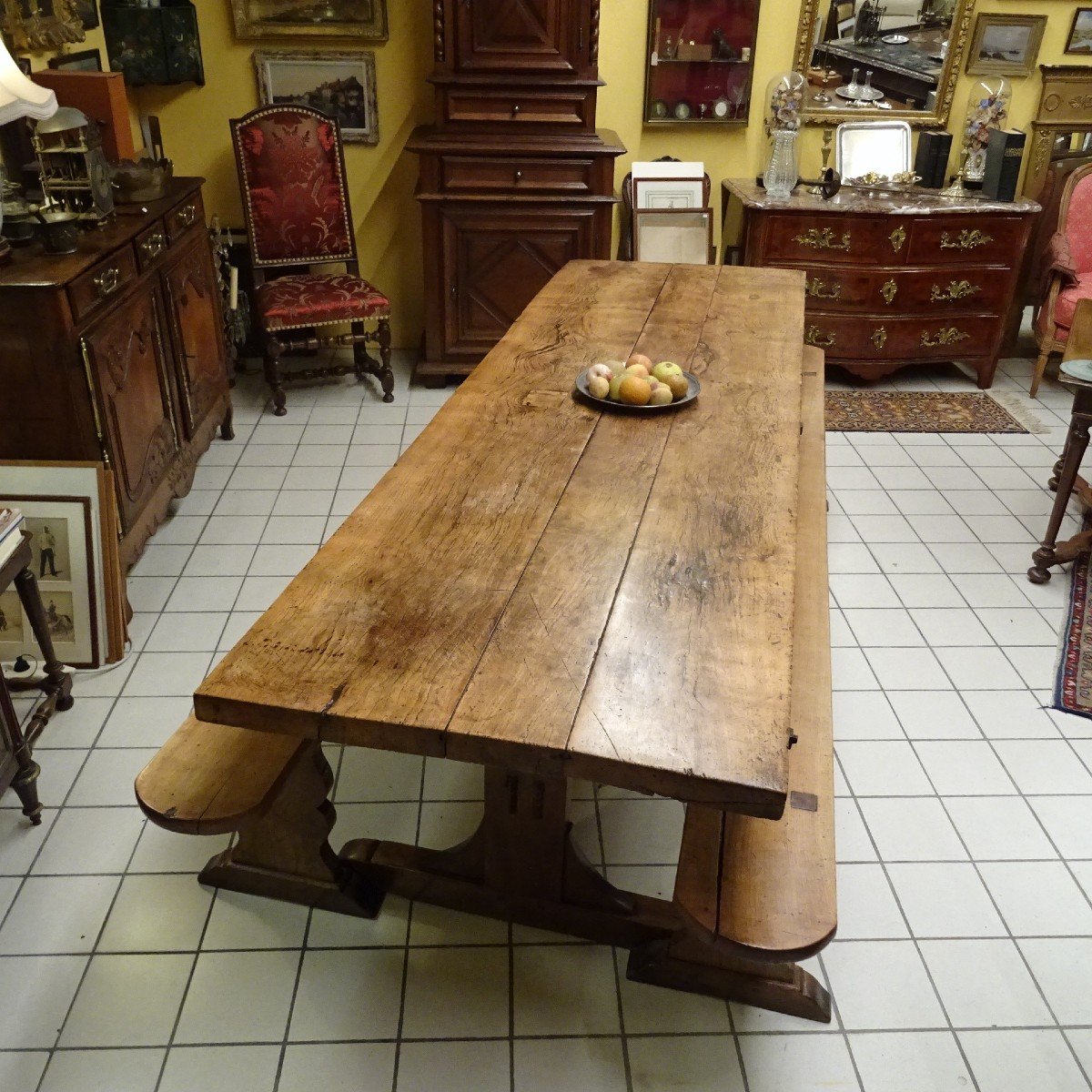 Large Castle Kitchen Table And Its Two 19th Century Benches-photo-3