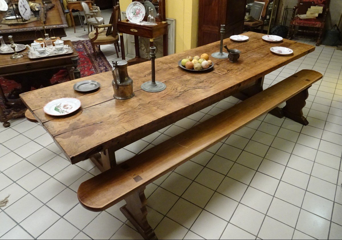 Large Castle Kitchen Table And Its Two 19th Century Benches-photo-4