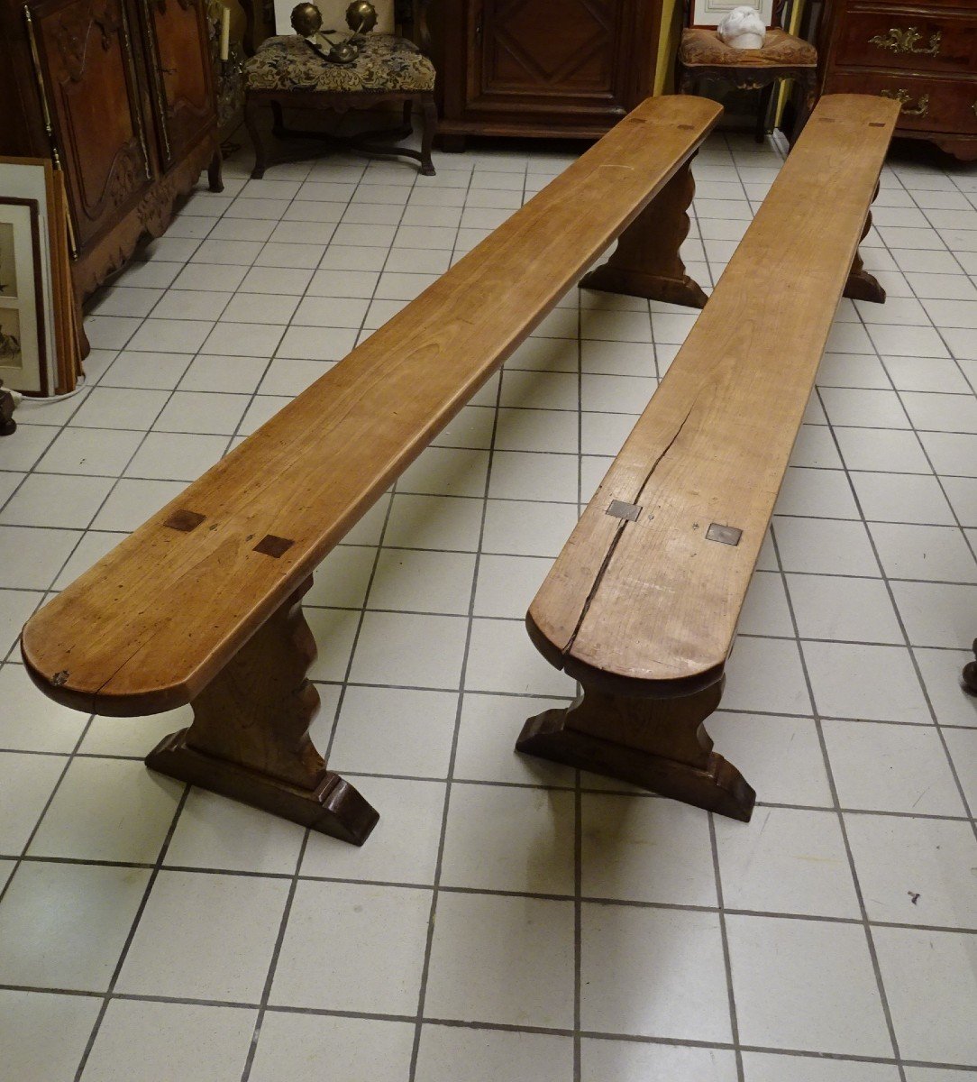 Large Castle Kitchen Table And Its Two 19th Century Benches-photo-1