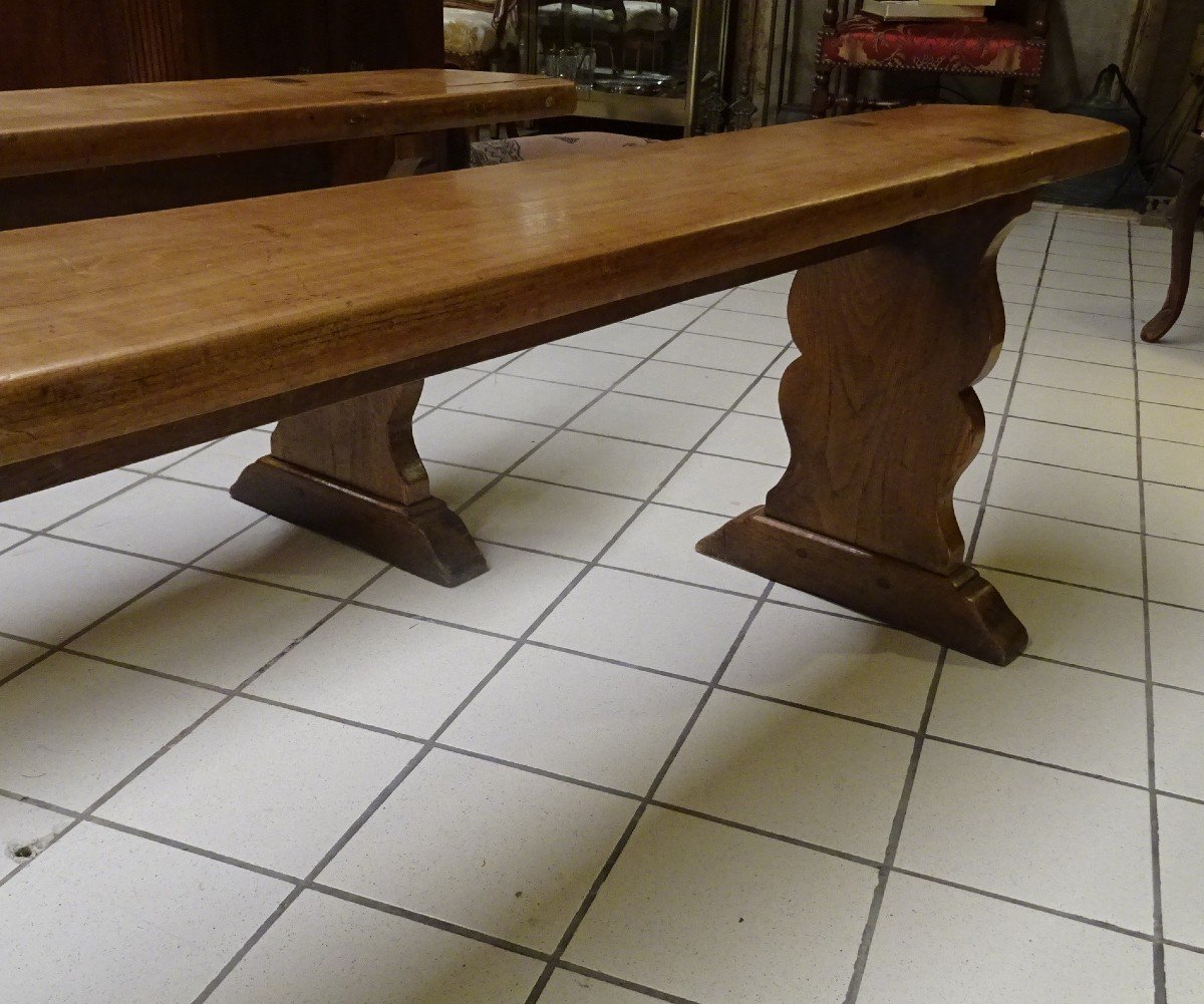 Large Castle Kitchen Table And Its Two 19th Century Benches-photo-2