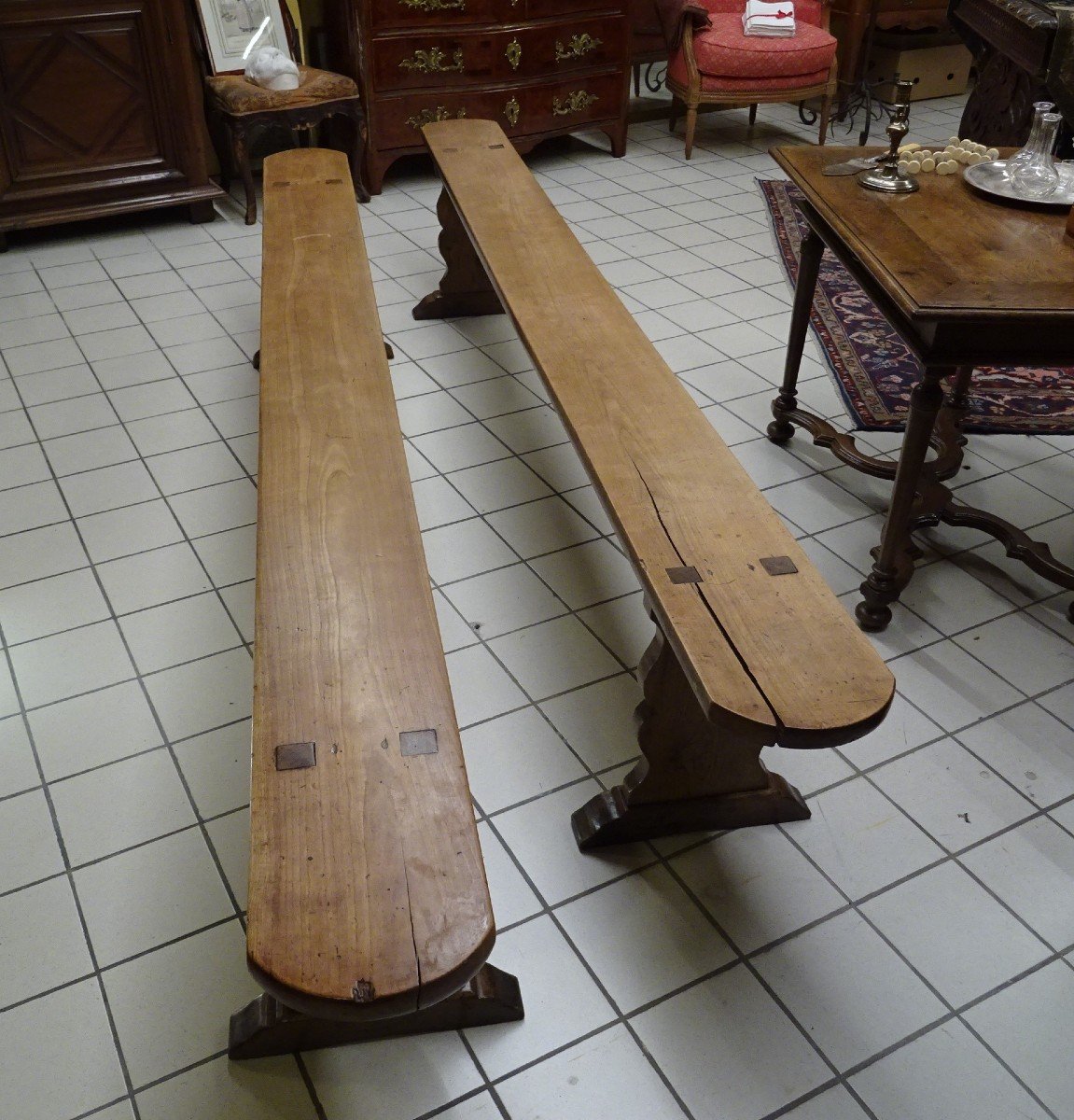 Large Castle Kitchen Table And Its Two 19th Century Benches-photo-3