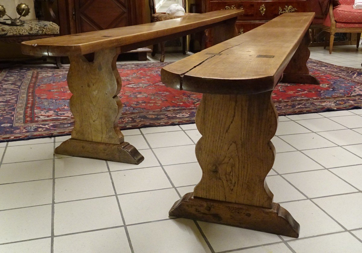 Large Castle Kitchen Table And Its Two 19th Century Benches-photo-4