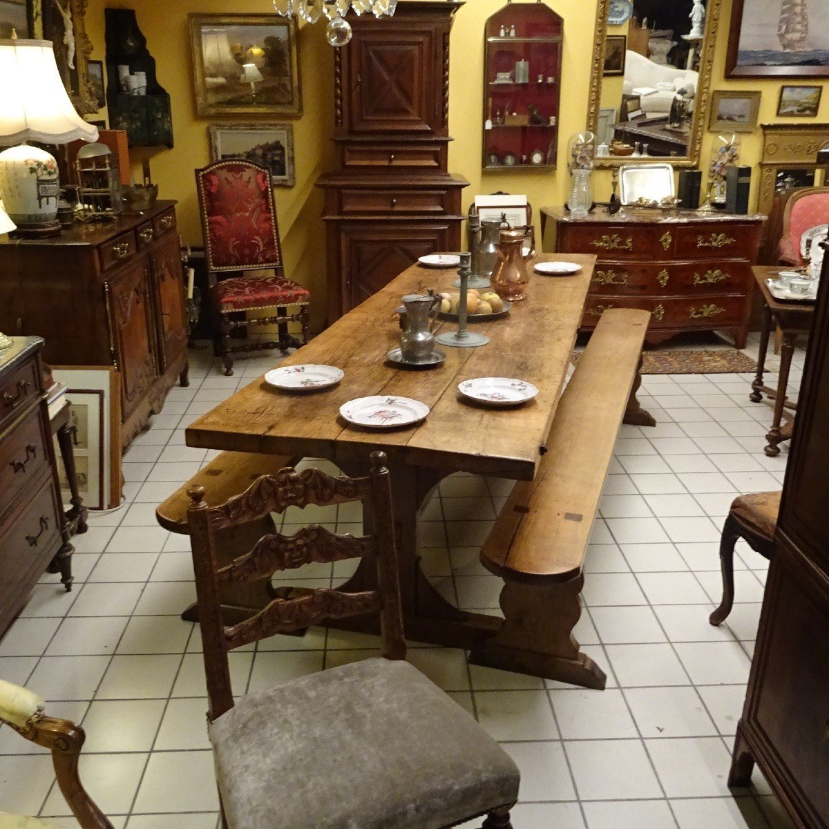 Large Castle Kitchen Table And Its Two 19th Century Benches-photo-5