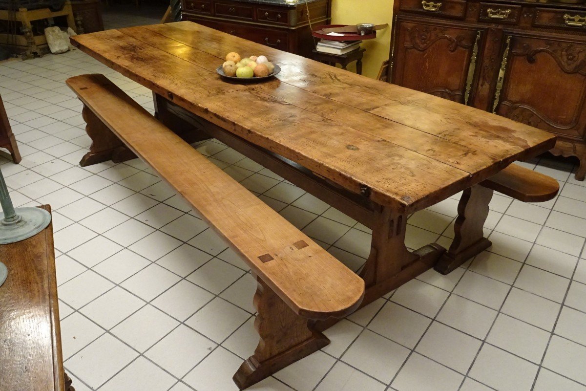 Large Castle Kitchen Table And Its Two 19th Century Benches