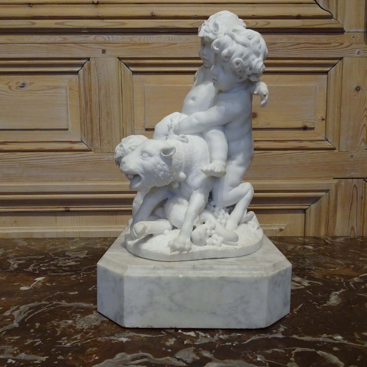 Bacchus And Two Fauns In 19th Century White Marble-photo-3