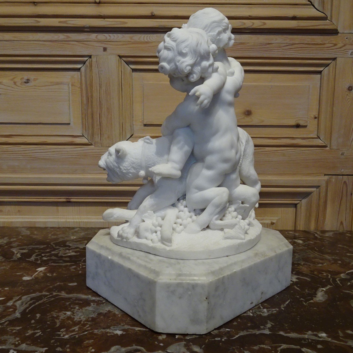 Bacchus And Two Fauns In 19th Century White Marble-photo-4