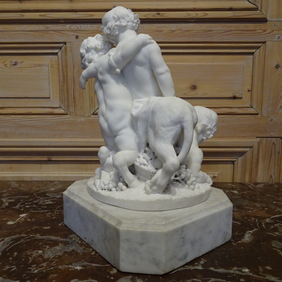 Bacchus And Two Fauns In 19th Century White Marble-photo-2