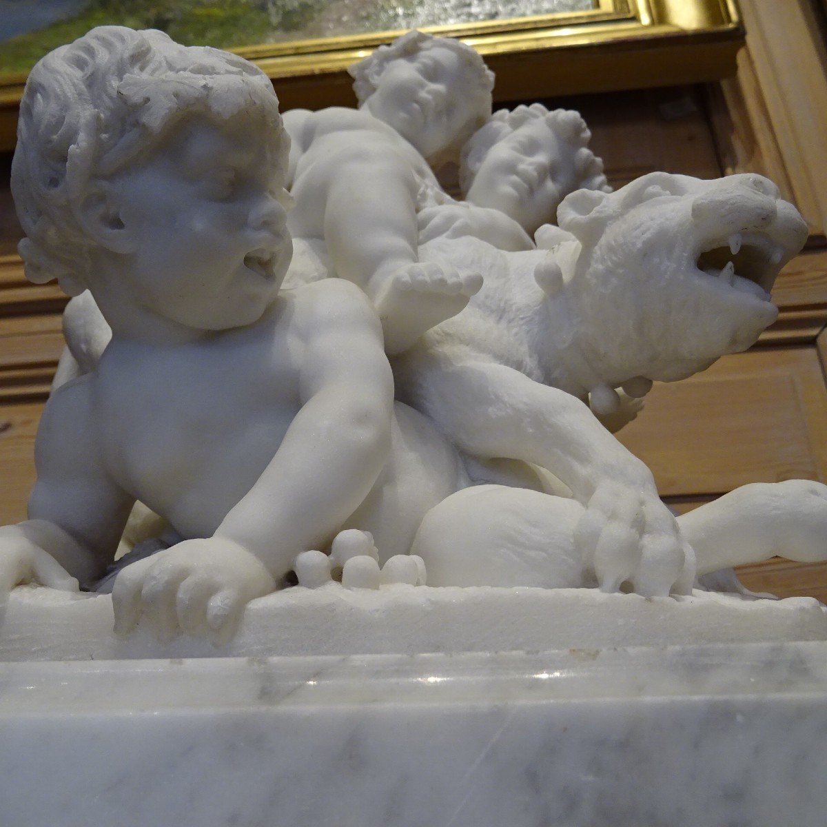 Bacchus And Two Fauns In 19th Century White Marble-photo-4