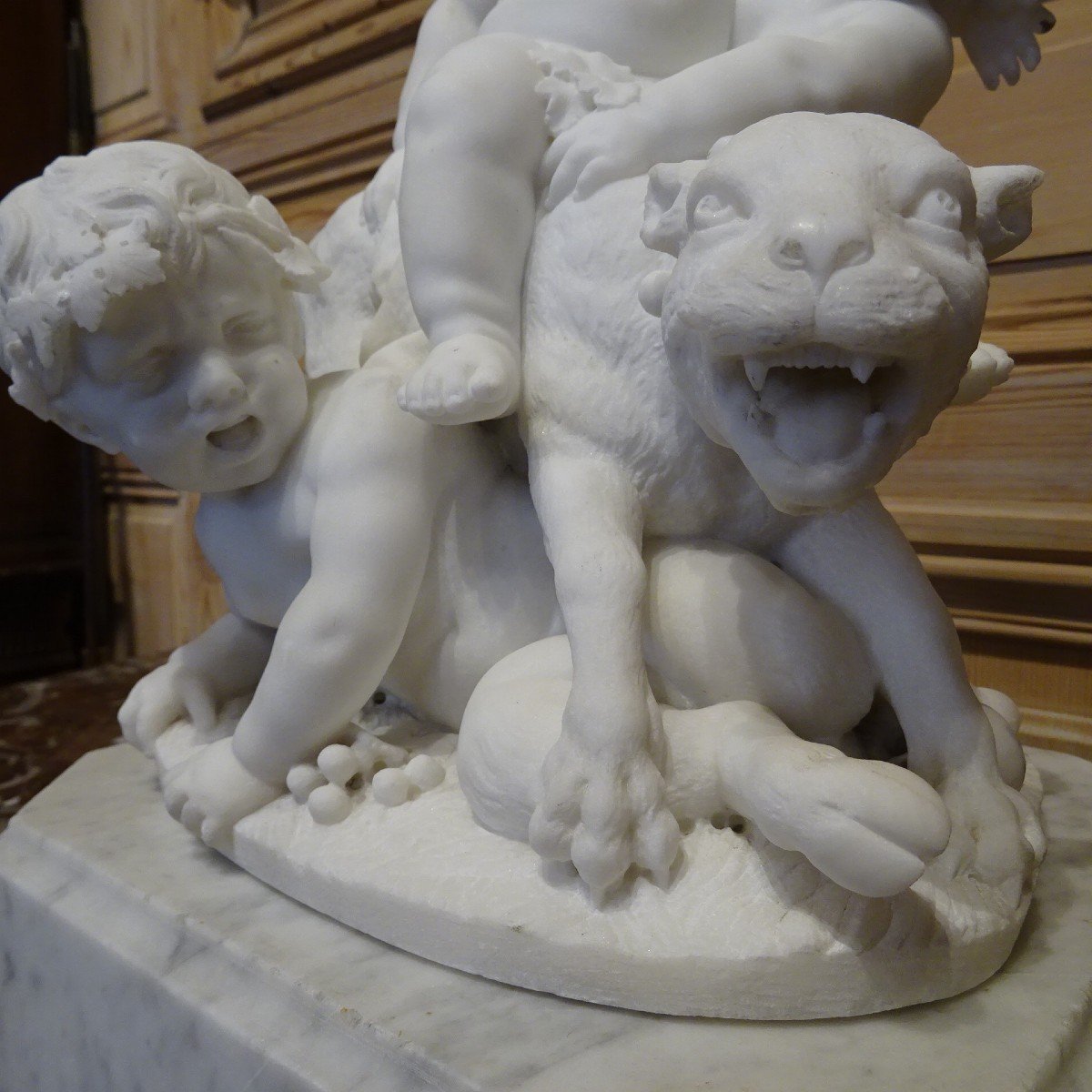 Bacchus And Two Fauns In 19th Century White Marble-photo-5