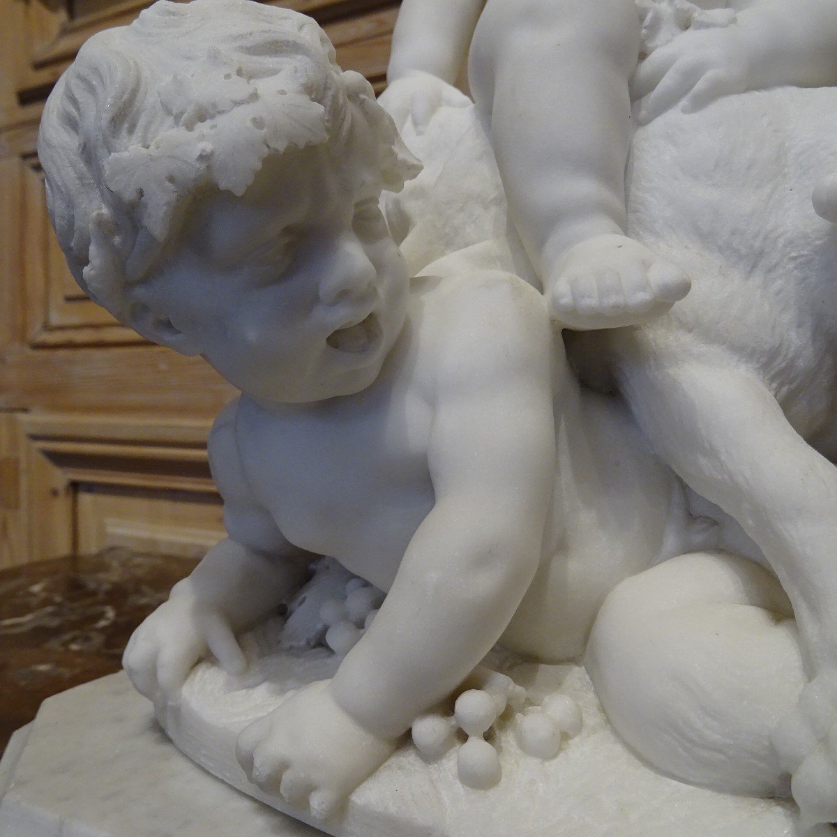 Bacchus And Two Fauns In 19th Century White Marble-photo-6