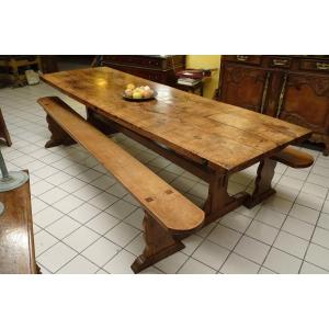 Large Castle Kitchen Table And Its Two 19th Century Benches