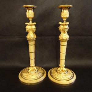 Claude Galle, Pair Of Candlesticks With Helmeted Minerva Heads From The Empire Period