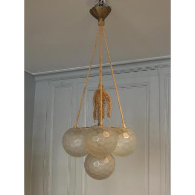 Art Deco Five-ball Frosted Glass Chandelier By Genet & Michon