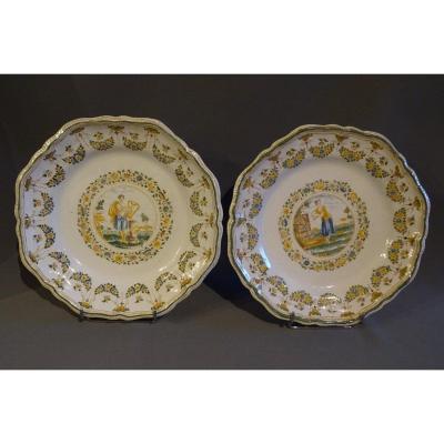 Pair Of Moustiers  Earthenware Plates With Central Medallion