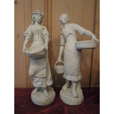Pair Of Signed G. Levy White China Ceramic : Young Farmers