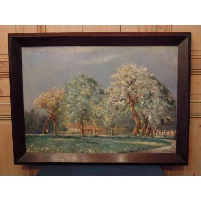 Oil On Canvas : Orchard In Front Of A Farm By Forest