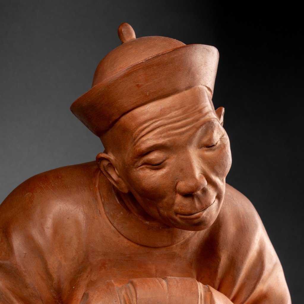 Gaston Hauchecorne (1880-1944) Asian Character Praying - Terracotta Art Deco Period-photo-1