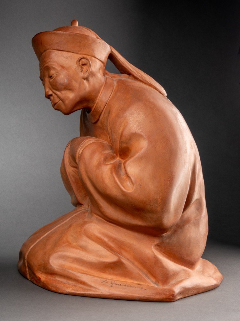 Gaston Hauchecorne (1880-1944) Asian Character Praying - Terracotta Art Deco Period-photo-4