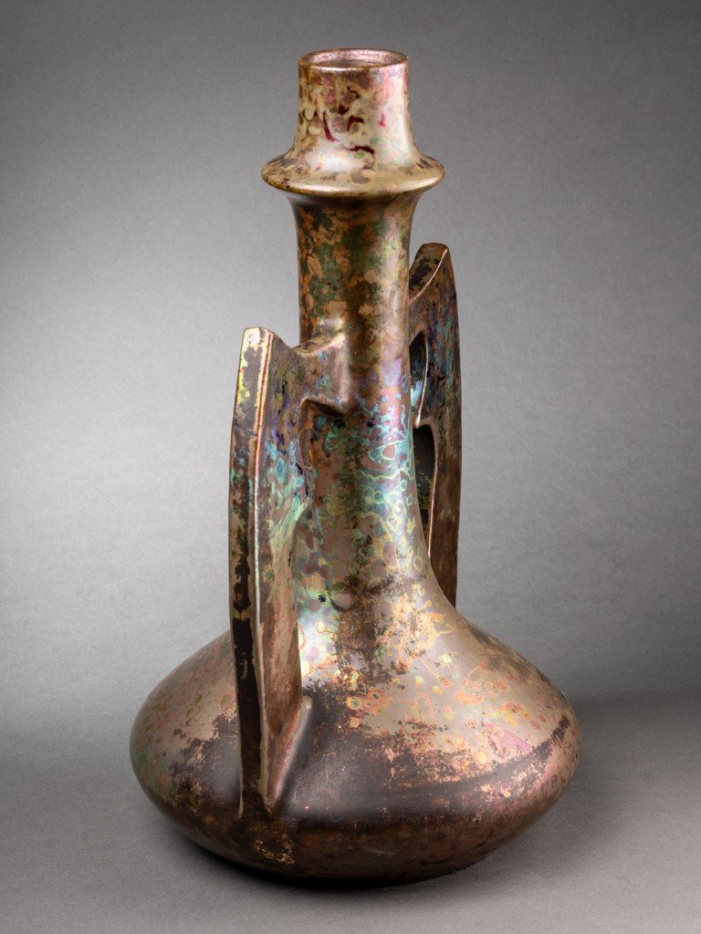 C. Massier - Double Handle Vase. Iridescent Ceramic, Butterflies Decor. Art Nouveau Period-photo-3