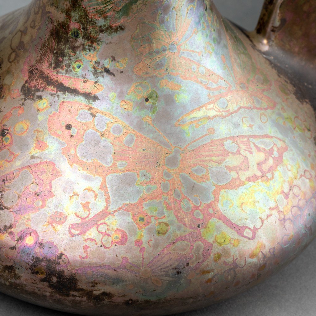C. Massier - Double Handle Vase. Iridescent Ceramic, Butterflies Decor. Art Nouveau Period-photo-6