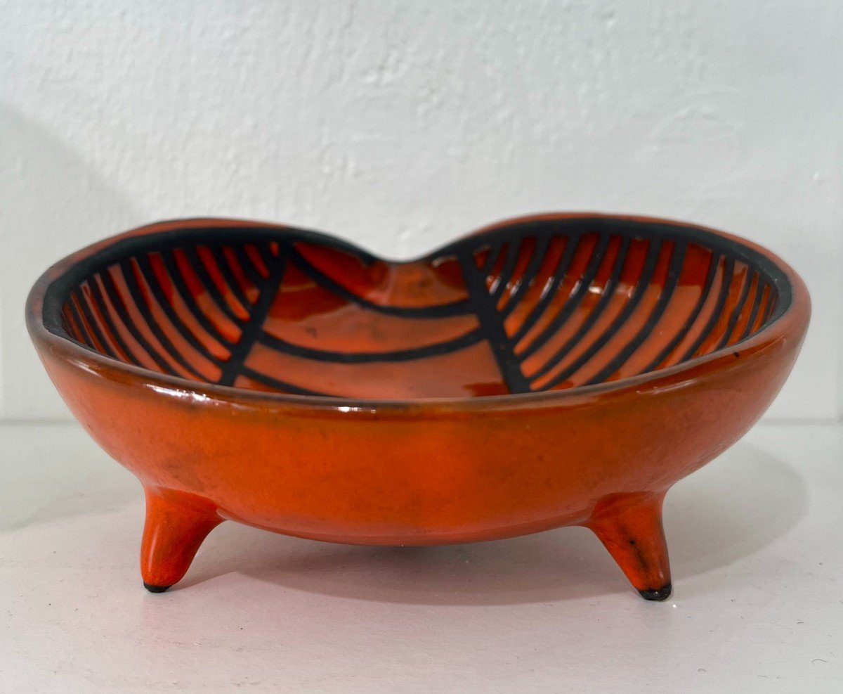 Roger Capron: Glazed Ceramic Cup With Red And Black Scarified Decor Circa 1950-photo-3