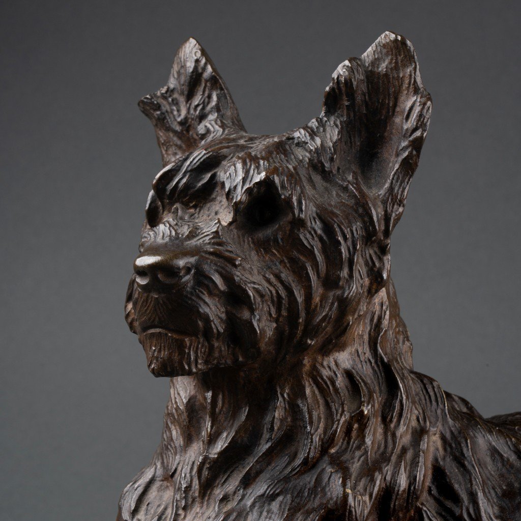 Thomas François Cartier (1879-1936);  "Briard Assis", Bronze Patiné, Signé - Début XXè Siècle-photo-2