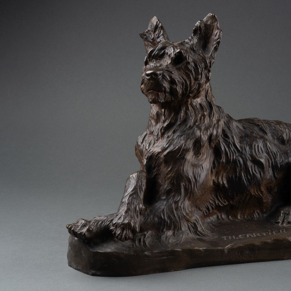 Thomas François Cartier (1879-1936);  "Briard Assis", Bronze Patiné, Signé - Début XXè Siècle-photo-3