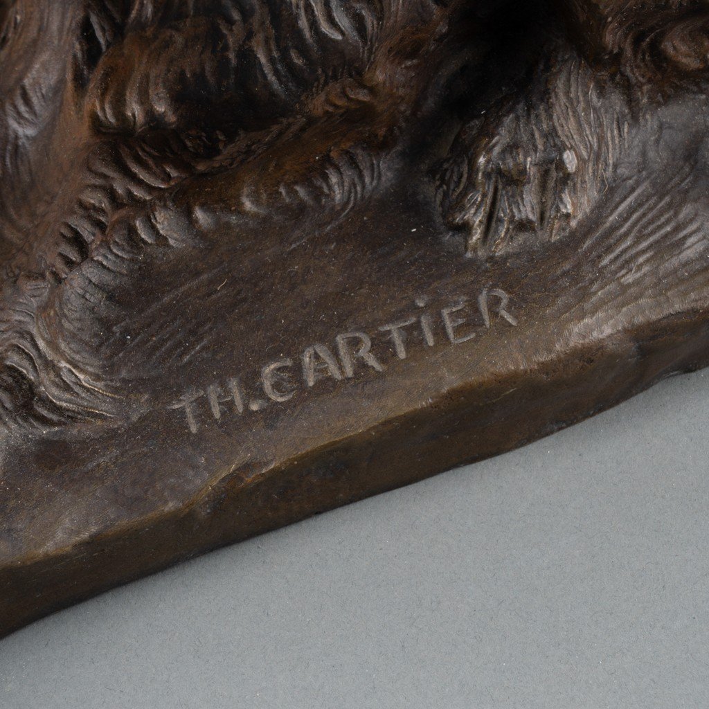 Thomas François Cartier (1879-1936);  "Briard Assis", Bronze Patiné, Signé - Début XXè Siècle-photo-1