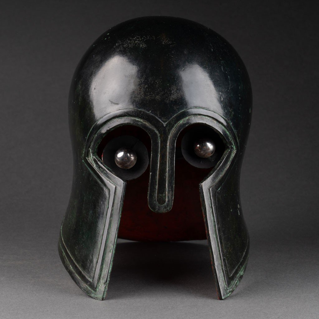 Edouard Pastor (1932-2007): Patinated Bronze Helmet Of A Greek Spartan Warrior-photo-2