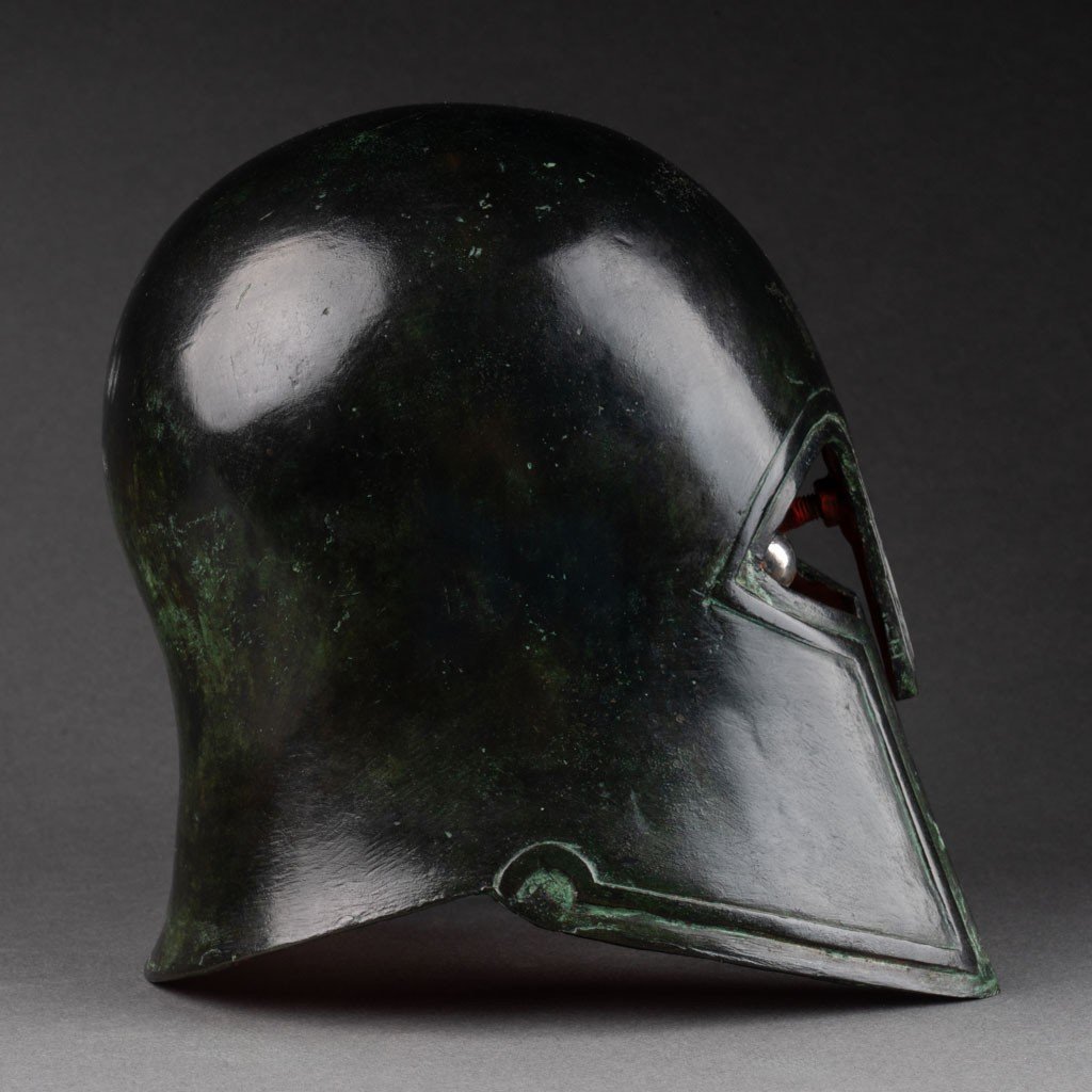 Edouard Pastor (1932-2007): Patinated Bronze Helmet Of A Greek Spartan Warrior-photo-3