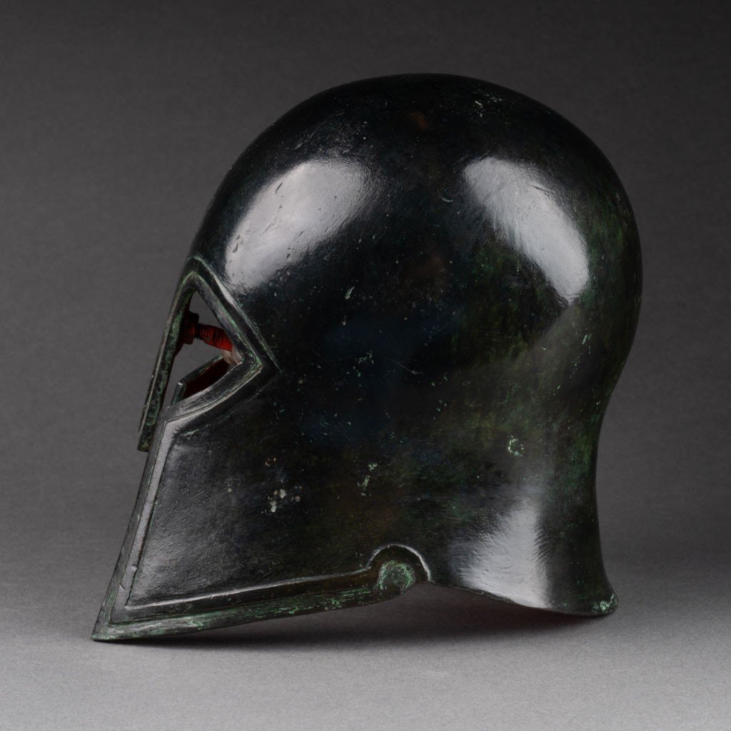 Edouard Pastor (1932-2007): Patinated Bronze Helmet Of A Greek Spartan Warrior-photo-3