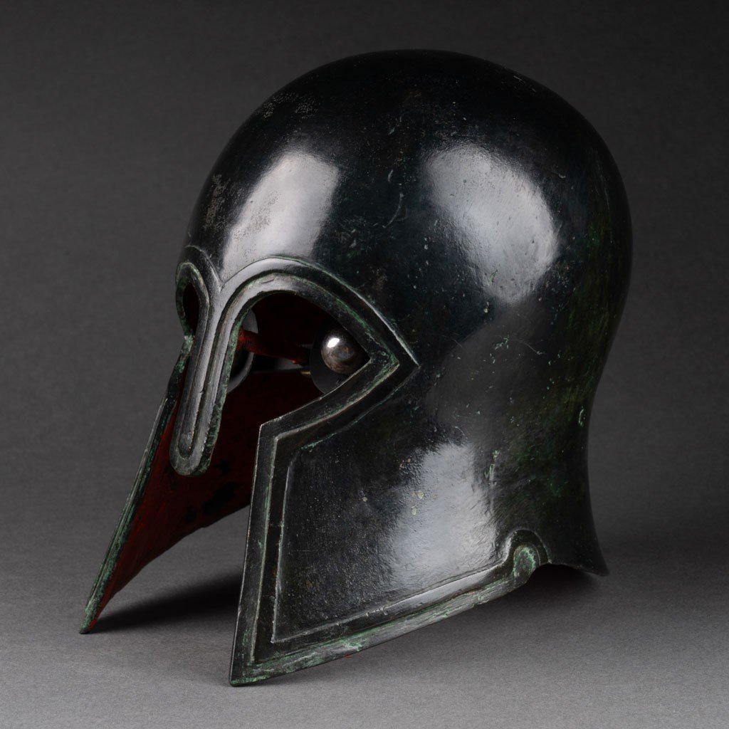 Edouard Pastor (1932-2007): Patinated Bronze Helmet Of A Greek Spartan Warrior-photo-4