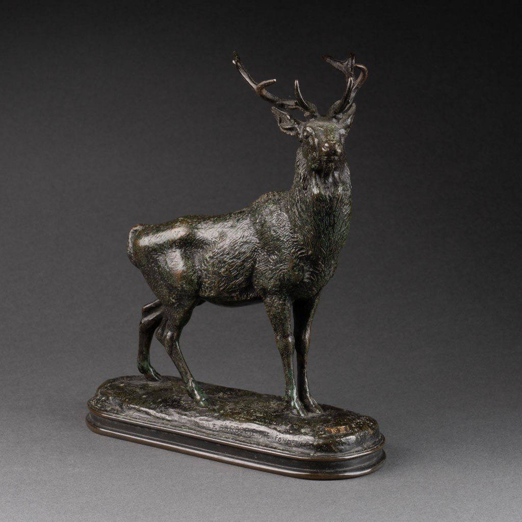 Antoine Louis Barye: "listening Deer", "gold Seal" F. Barbedienne Cast, 1876-1889 -photo-2