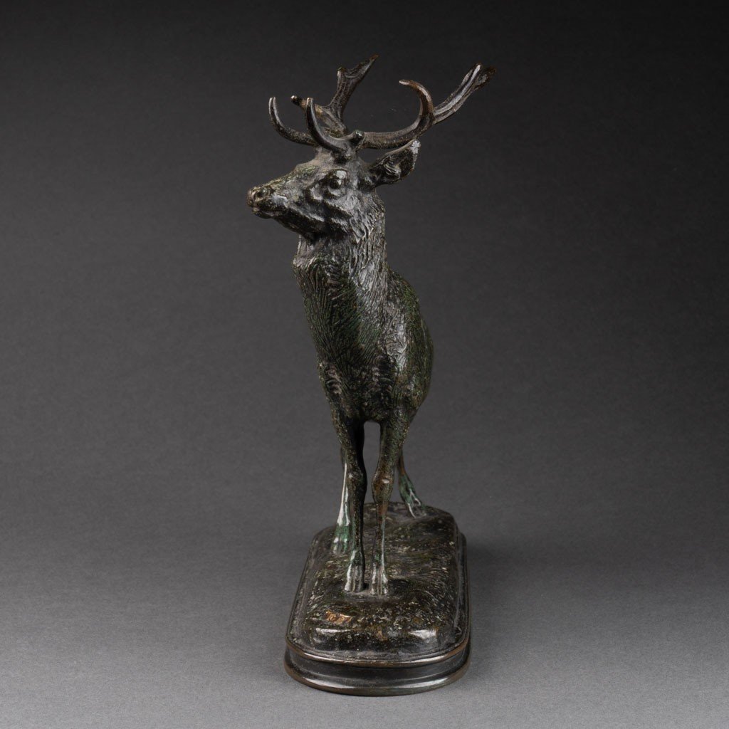 Antoine Louis Barye: "listening Deer", "gold Seal" F. Barbedienne Cast, 1876-1889 -photo-3