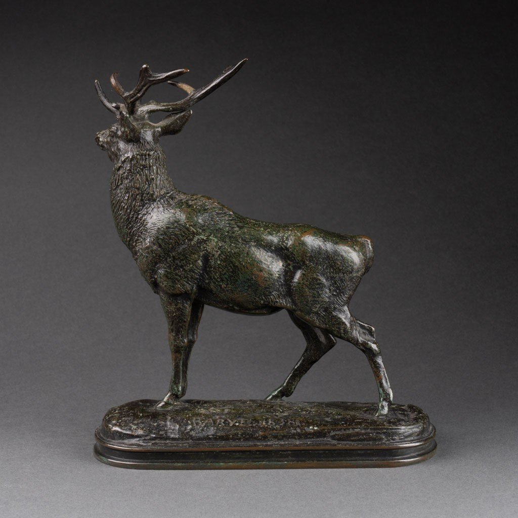 Antoine Louis Barye: "listening Deer", "gold Seal" F. Barbedienne Cast, 1876-1889 -photo-1