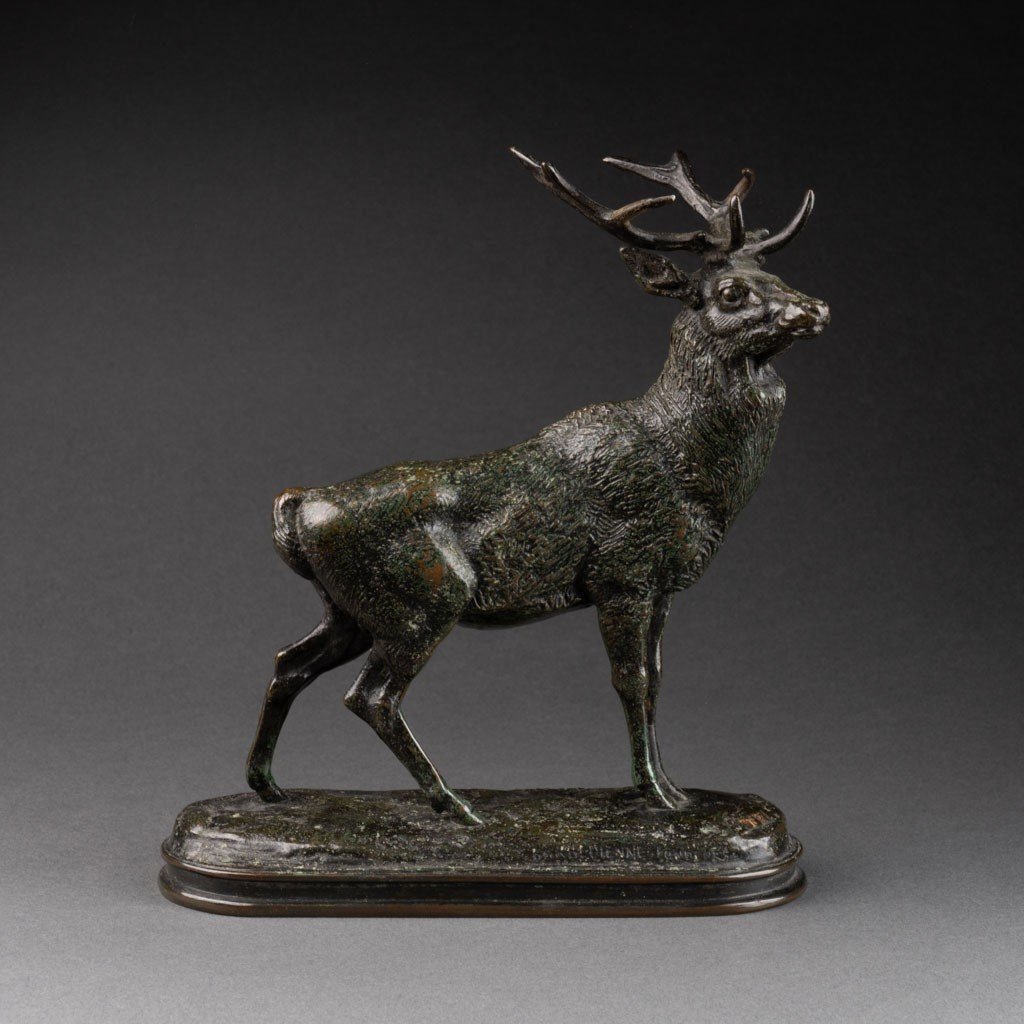 Antoine Louis Barye: "listening Deer", "gold Seal" F. Barbedienne Cast, 1876-1889 