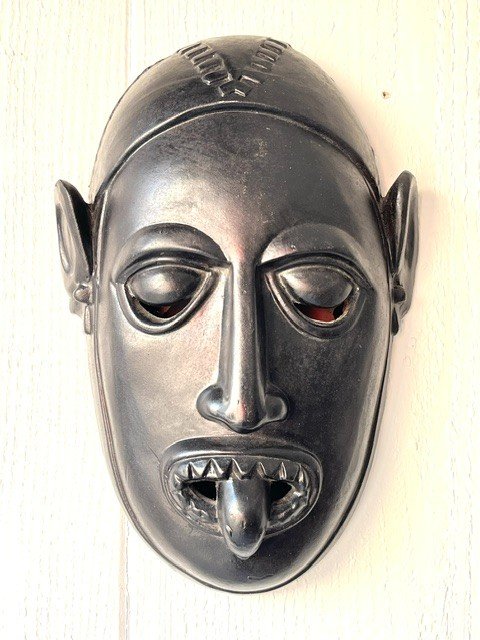 Black Glazed Ceramic Tribal Mask - Circa 1970