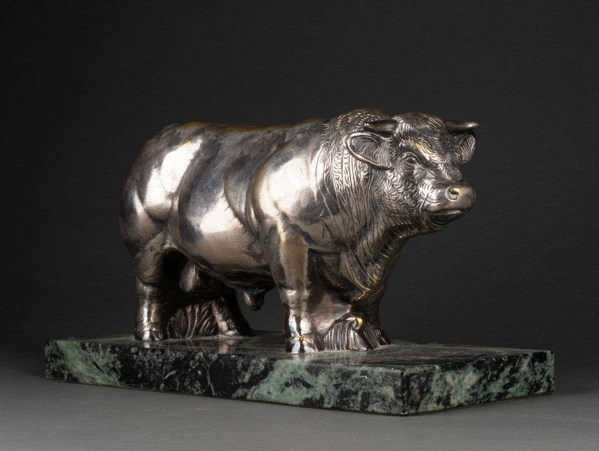 Laugerette : Taureau En Bronze Argenté Vers 1960/70