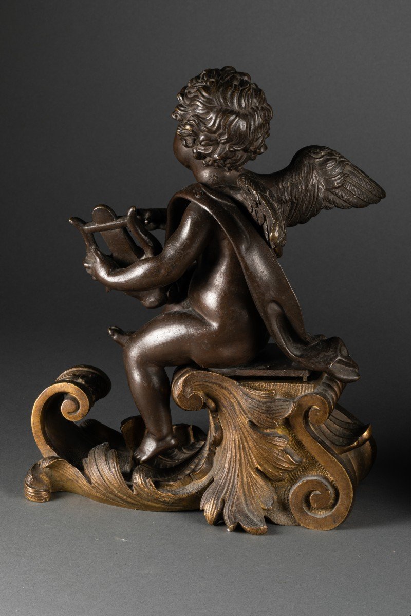 Paire De Chenets : Angelots Musiciens En Bronze - Milieu XIXè Siècle -photo-1