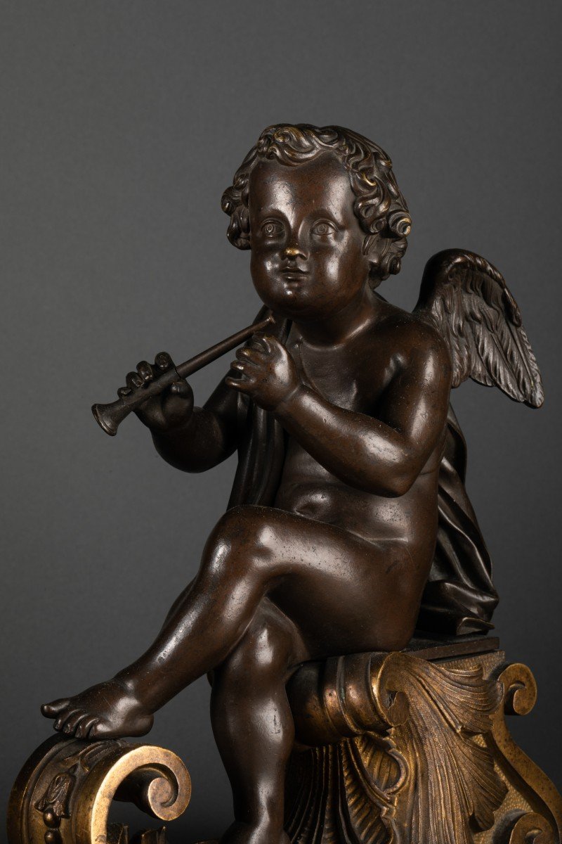 Paire De Chenets : Angelots Musiciens En Bronze - Milieu XIXè Siècle -photo-5