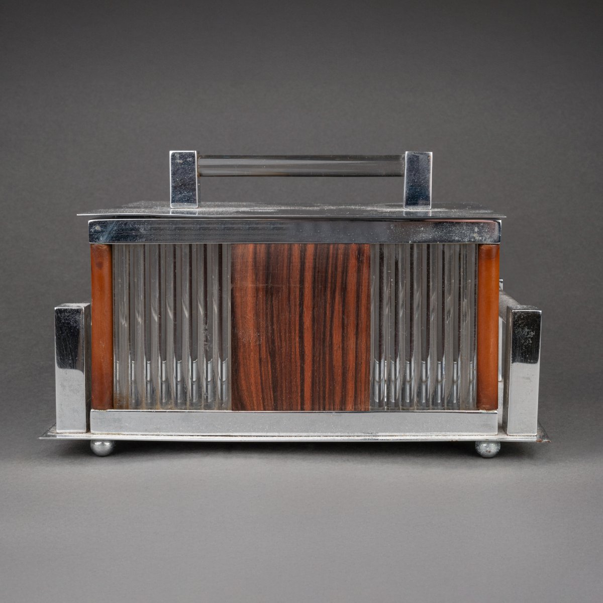 Jacques Adnet: Glass, Chrome-plated Metal And Rosewood Box - Circa 1930, France-photo-2