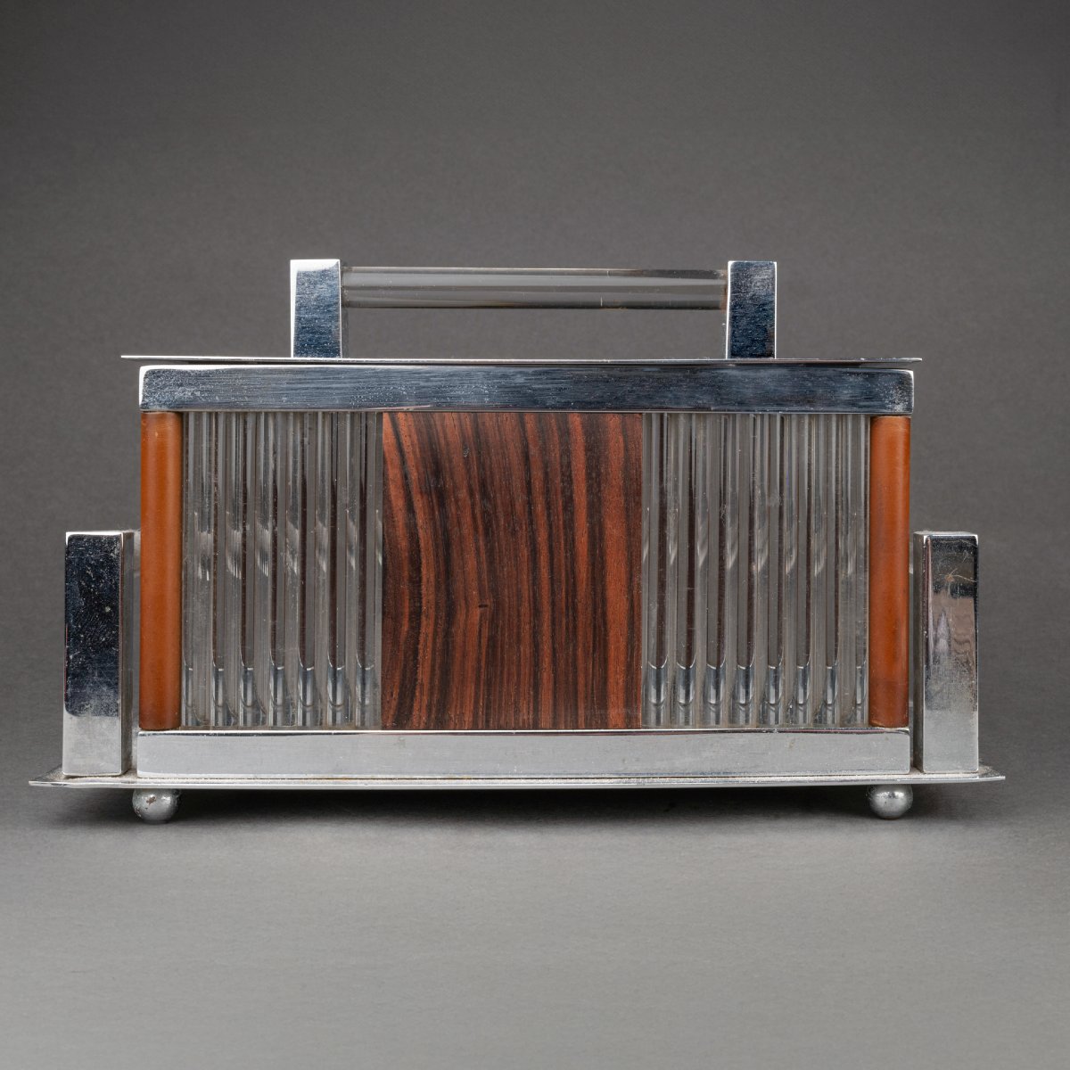 Jacques Adnet: Glass, Chrome-plated Metal And Rosewood Box - Circa 1930, France-photo-4