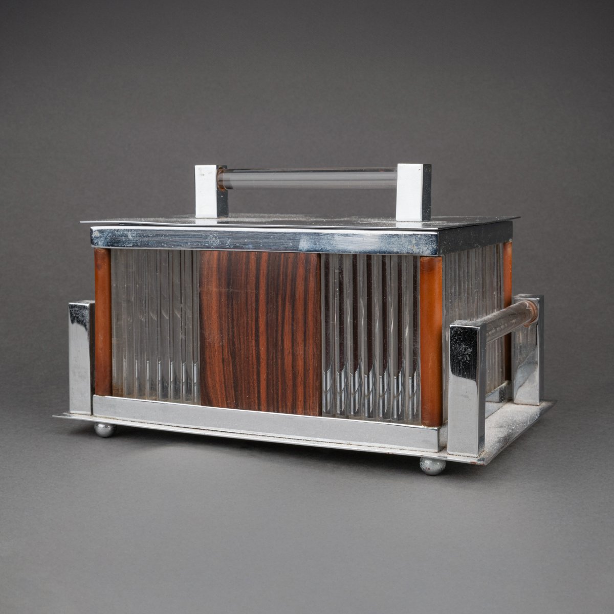 Jacques Adnet: Glass, Chrome-plated Metal And Rosewood Box - Circa 1930, France-photo-2