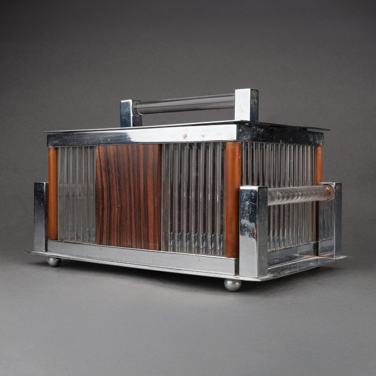 Jacques Adnet: Glass, Chrome-plated Metal And Rosewood Box - Circa 1930, France-photo-4