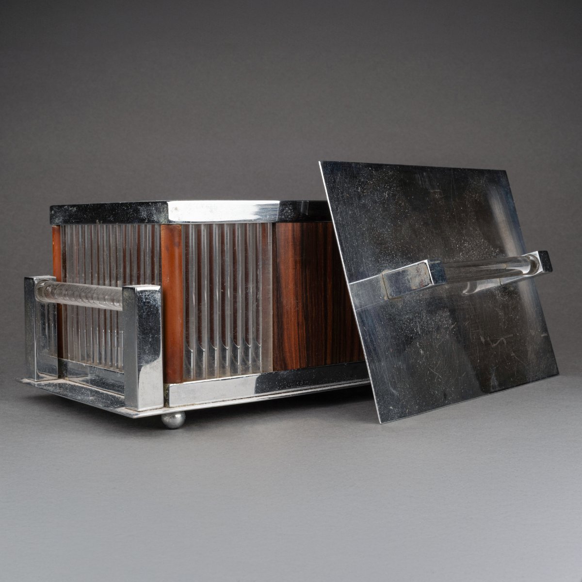 Jacques Adnet: Glass, Chrome-plated Metal And Rosewood Box - Circa 1930, France-photo-6