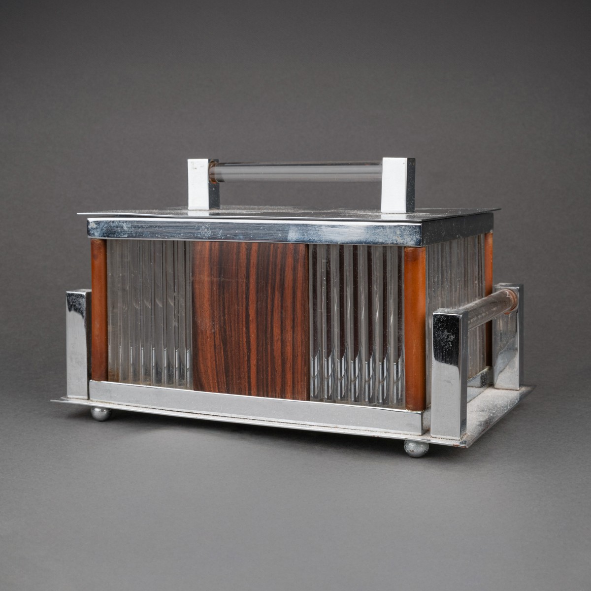 Jacques Adnet: Glass, Chrome-plated Metal And Rosewood Box - Circa 1930, France